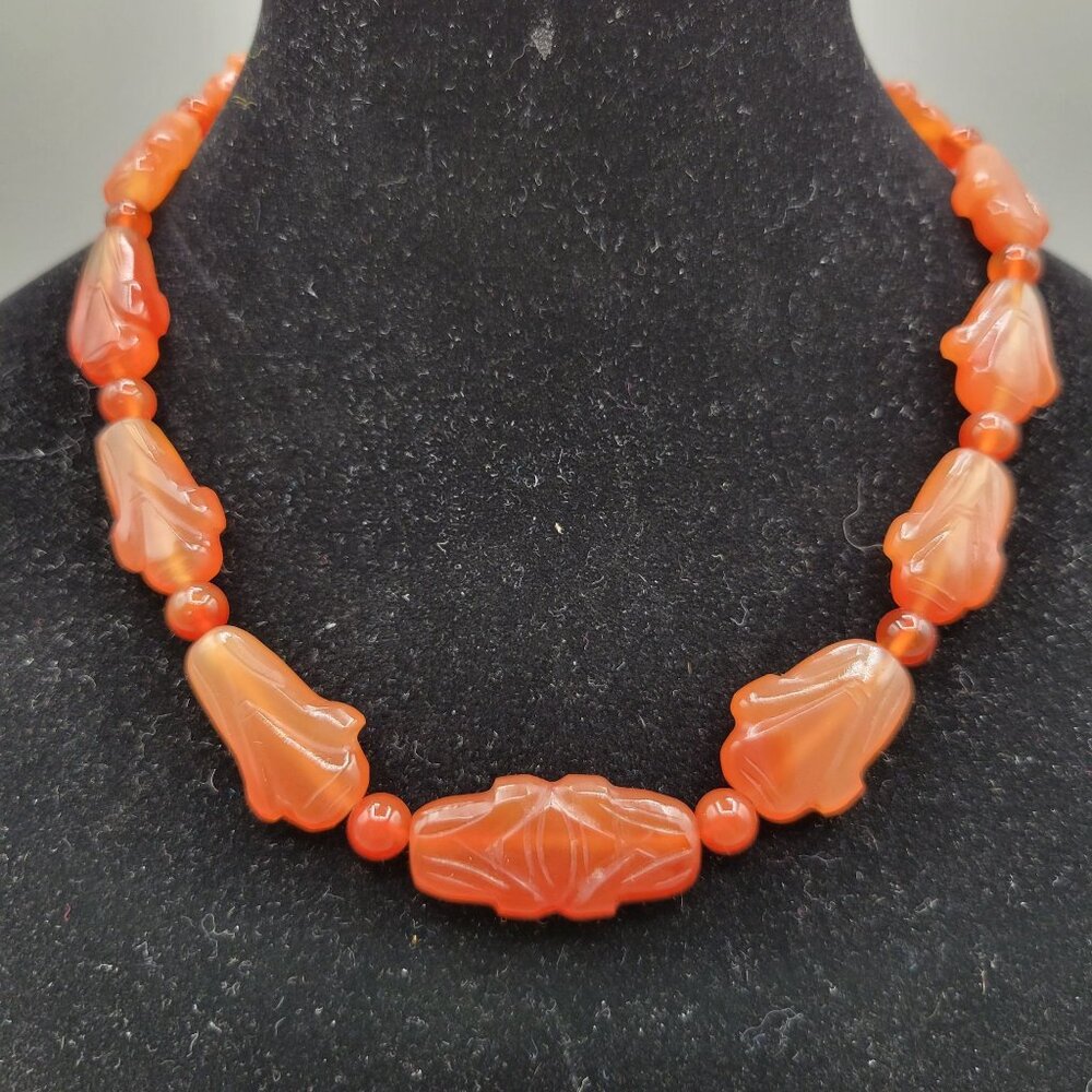 Antique Chinese Carved Red Carnelian Bead Necklace With Leaf Design